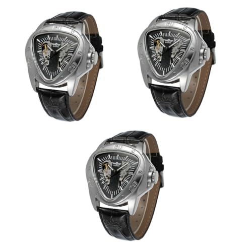 GALPADA 3stücke Herren Automatikuhr Mit Pu-Armband Stylische Mechanische Armbanduhr Schwarz Und Silber Für Alltag Und Geschäftliche Anlässe Und Komfortabel Zu Tragen von GALPADA