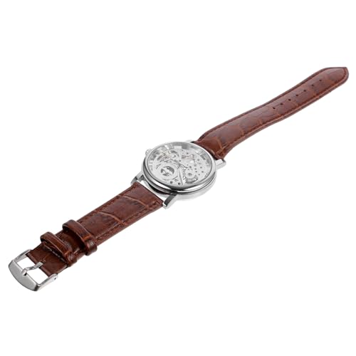 GALPADA 3stücke Winner Herren Armbanduhr Mechanische Uhr Mit Manuellem Aufzug Runde Ziffernblatt Pu-Armband Elegantes Design Silber Und Braun Für Sportliche Anlässe von GALPADA