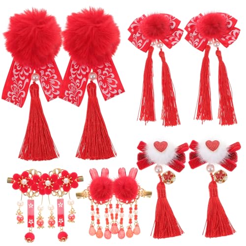 GALPADA 5 Paare Haarklammern Chinesischer Stil Rote Quasten Haarspangen mit Fellbommel für Mädchen Neujahrsfest Haarschmuck für Kleine Prinzessinnen von GALPADA