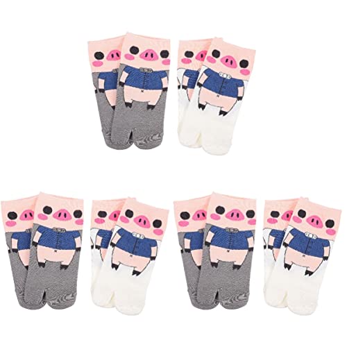 GALPADA 6 Paar Tabi Fun Stiefel Toe Lovely Control Japanese Socke Design Damen Chick Two Piggy Casual White Knöchel für Mädchen Two-Toe Neuheit Holz Stylisch Pig Pattern Two-Flop von GALPADA