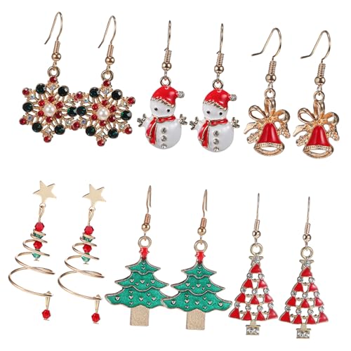 GALPADA 6 Paare Weihnachts Ohrringe für Damen Leicht und Komfortabel Vielseitige Designs mit Weihnachtsbaum Glocken Schneeflocken und Schneemann Ohrdekoration für Festliche Anlässe von GALPADA