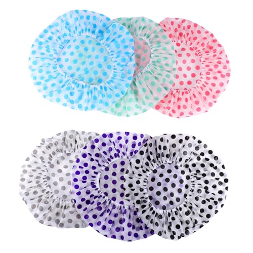 GALPADA 6 Stück Wasserdichte Duschhauben mit Elastischem Wiederverwendbare Leichte Badekappen in Bunten Punktmustern und Faltbar für Damen und Herren Passend von GALPADA