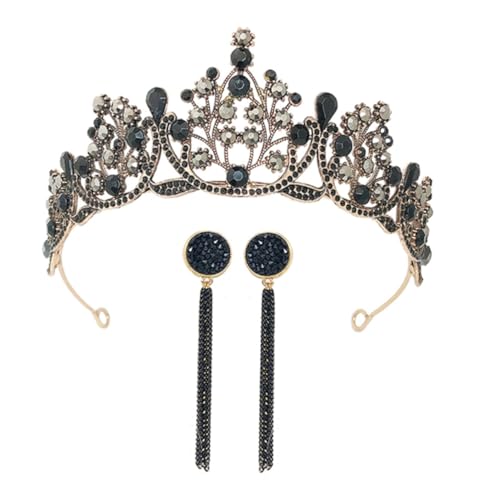 GALPADA Barock Vintage Braut Tiara Set Teilig Krone und Ohrringe Schwarz Luxuriöses Haarschmuck für Hochzeit Geburtstag Königin Stirnband von GALPADA