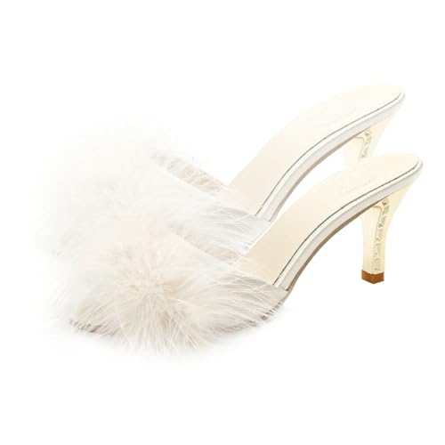 GALPADA Bequeme High Heel Sandalen Damen Fluffige Sommer Hausschuhe Beige Elegante Offene Zehen Pantoletten für Alltag Büro Shopping von GALPADA