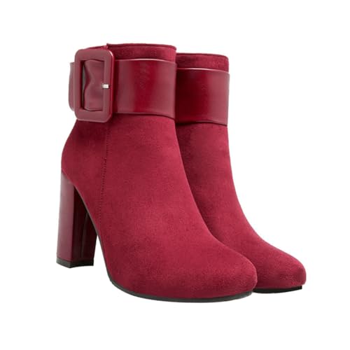 GALPADA Damen Ankle Boots Winter Kurzstiefel mit Chunky High Heels Rutschfest Eleganter Schnallenverschluss Rote Mode Stiefeletten für Herbst und Party von GALPADA