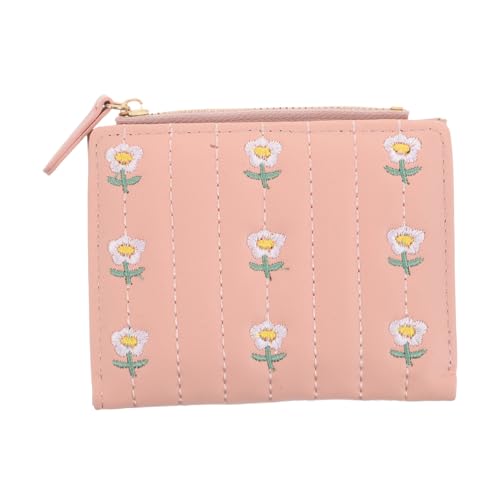 GALPADA Damen Bifold Geldbörse aus PU mit Süßer Stickerei Kleines Portemonnaie mit Münzfach und Kartenhalter Kurz Gefaltet Kompakte Geldbörse für Alltag und Reisen in Rosa von GALPADA