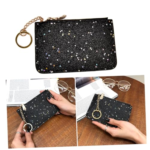 GALPADA Damen Reißverschluss Geldbörse Mit Stern Pailletten Halter Und Integriertem Schlüsselanhänger Münzgeldbörse Schwarz Minimalistisch Superdünn Leicht Stilvoll von GALPADA