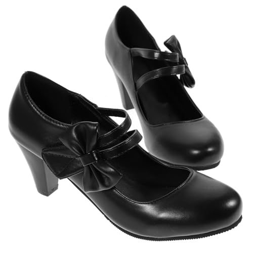 GALPADA Damen High Heels mit Grobem Absatz und Schleifen Design Modische Pu Materialien Bequeme rutschfeste Sohle Vielseitig für Party Büro Hochzeit und Alltag Schwarz von GALPADA