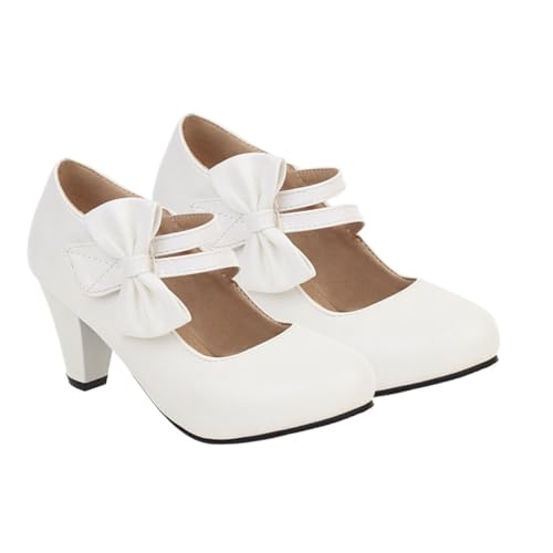 GALPADA Damen High Heels mit Schleife Stilvolle Pumps Blockabsatz rutschfeste Sohle Komfortable Sommerschuhe für Büro Party Hochzeit Weiß von GALPADA