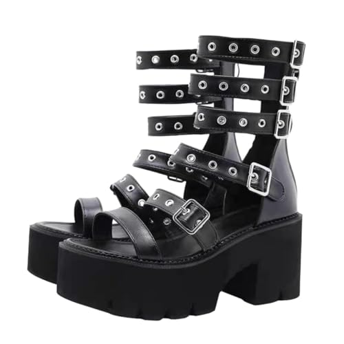 GALPADA Damen High heeled Sandalen mit Dickem Absatz und Plateau Sommerliche Elastische Fußbekleidung Modische Schwarze Sandaletten Geeignet für Partys Büro und Freizeit von GALPADA