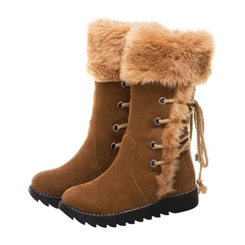 GALPADA Damen Mid-tube Schneestiefel Warm Gefüttert Plüschgefüttert Rutschfeste Sohle Flache Winterboots mit Rückseitiger Schnürung Komfortable Winterschuhe von GALPADA