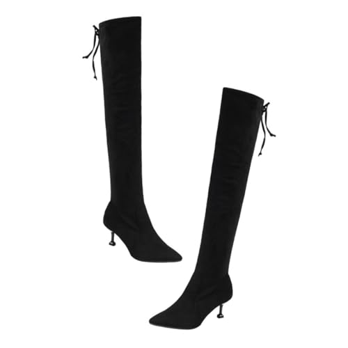 GALPADA Damen Overknee Stiefel mit Absatz Spitze Zehen Gefüttert für Herbst Winter Stilvolle Lange Stiefel aus Schwarzem Veloursleder Modische Frauen Schuhe für Alltag und Party von GALPADA