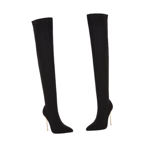 GALPADA Damen Overknee Stiefel mit Dünnem Absatz Kniehohe Schwarze Langschaftstiefel Rutschfeste Gummisohle Warm Gefüttert für Herbst Winter Eleganter Damenschuh für Party Freizeit und von GALPADA