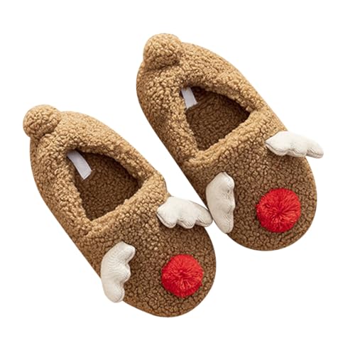 GALPADA Elch Hausschuhe Weihnachten Warmhaltend Rutschfest Indoor Pantoffeln Unisex Weiche Baumwoll Slipper mit Flexiblem Geräuscharmem Sohlen Design für Kalte Wintertage Braun von GALPADA