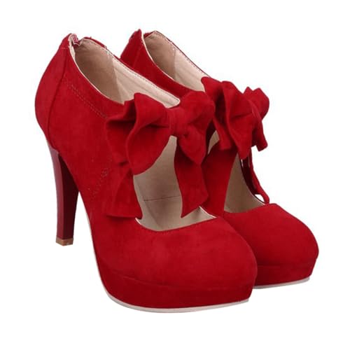 GALPADA Elegante Damen High Heels mit Schleifen Detail Stabilem Absatz Rotem Veloursleder Komfortabel für Frühling und Sommer Hochwertige Materialien Modische Sommerschuhe für Alltag und von GALPADA