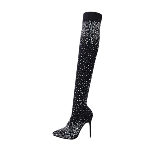 GALPADA Elegante Damen Overknee Stiefel mit Hohem Absatz und Strahlenden Strasssteinen Elastisch und Bequem Modisch Glänzend Kniehoch Schwarz für Stilbewusste Frauen und Besondere Anlässe von GALPADA