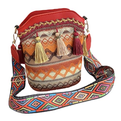 GALPADA Ethnische Damen Schultertasche mit Reißverschluss Bestickte Umhängetasche im Bucket stil Langlebige Stofftasche mit Quasten für Shopping Freizeit und Reisen von GALPADA