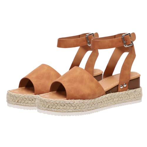 GALPADA Flange Sandalen Damen Strohboden Plateau Sandalen Sommer Schuhe Braun Rutschfeste Sohle Leicht An Auszuziehen Strand Schuhe Freizeitmode von GALPADA