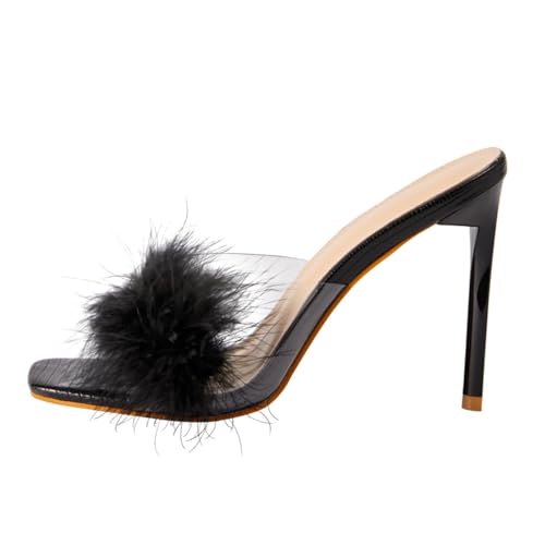 GALPADA Fluffy Dekorierte Damensandalen mit Quadratischer Spitze Dünnem High Heel Leicht und Angenehm Modische Transparente Sommerschuhe für Damen Schwarz von GALPADA