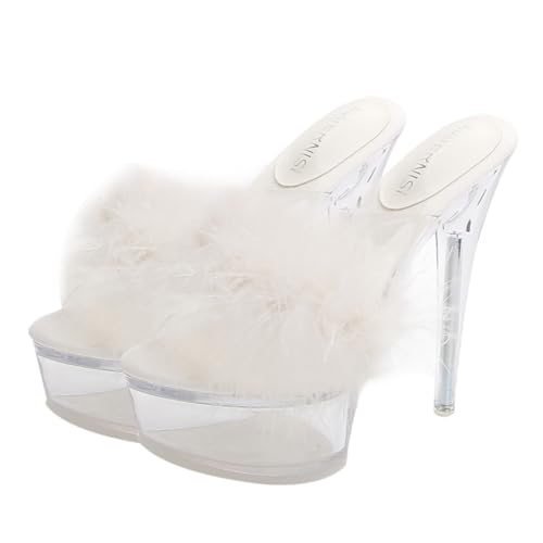 GALPADA Fluffy High Heel Slippers Damen Hoher Absatz Dünn Komfortabel Flauschig Modisch Alltagsschuh Weiß von GALPADA