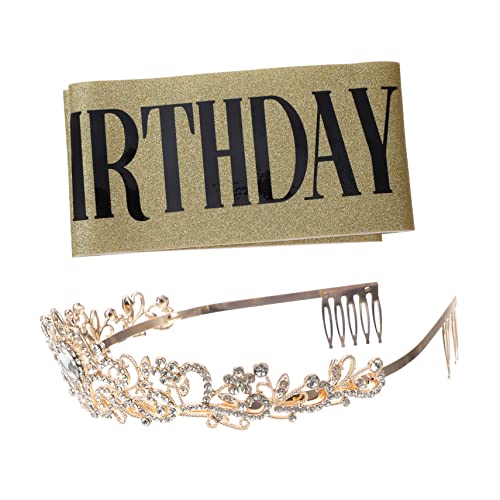 GALPADA Goldene Geburtstagskrone und Schärpe Set Party Requisiten aus Langlebiger Funkelnde Strass Tiara Accessoire für Erwachsene und Festliche Anlässe von GALPADA