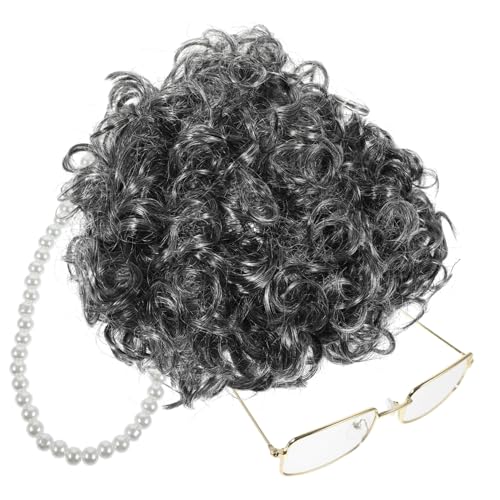 GALPADA Großmutter-cosplay Perücke Brille Und Kette Für Party Und Bühnenperformance Alt Aussehendes Requisiten-kit Für -kostüm von GALPADA