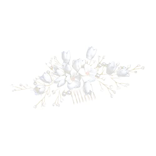 GALPADA Handgefertigter Weißer Polymer Clay Haarkamm mit Perlen und Kristallperlen Brautschmuck für Hochzeit Eleganter Blumenkamm für Damen Vielseitiges Haarschmuck Accessoire für Braut von GALPADA