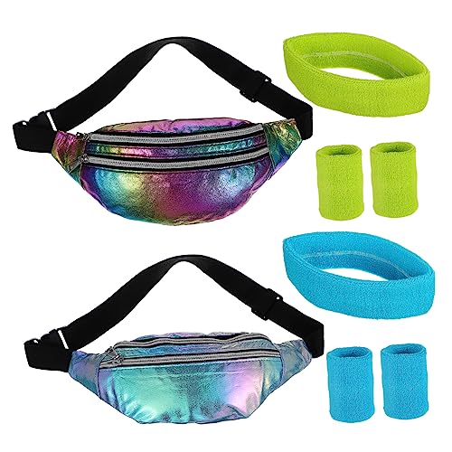 GALPADA Holografische Gürteltasche Mit Stirnbändern Und Armbändern – 80er-Jahre-Workout-Accessoire-Set Für Damen – Hüfttasche Mit Großem Fassungsvermögen Für Partys Und Sport von GALPADA