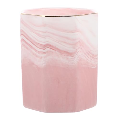 GALPADA Keramik Stiftehalter mit Marmoroptik Langlebiger Pinsel Organizer für Schminktisch Großer Kosmetik Aufbewahrungsbecher in Rosa mit Goldener Einfassung Eleganter Schreibwarenhalter von GALPADA