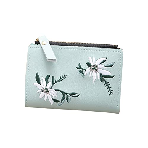 GALPADA Kurze Damen Geldbörse Praktischer Dünner Reißverschluss Geldbeutel Bestickt Für Karten Münzen Und Bargeld Leichtes Design Hellgrün von GALPADA