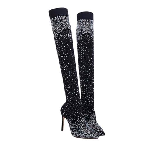 GALPADA Overknee Stiefel Damen mit Hohen Absätzen Elastische Schwarze Glitzerstiefel mit Funkelnden Strasssteinen Modische Kniehohe Schuhe für Elegante Auftritte von GALPADA