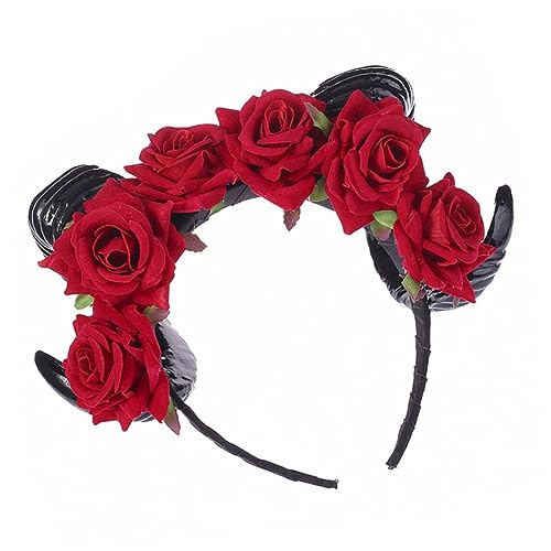 GALPADA Rotes Halloween Horn Haarreif mit Samt Rosenblumen Breites Cosplay Stirnband für Party Foto Requisiten Leicht und Bequem Passend für Halloween und Themenfeiern von GALPADA