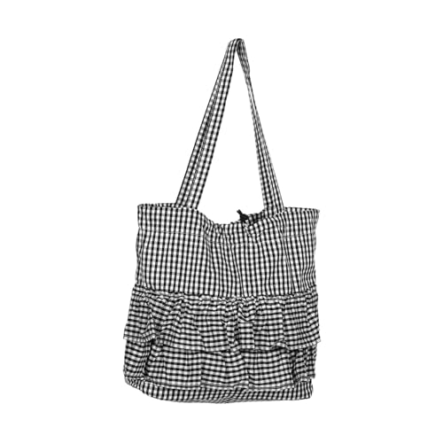 GALPADA Schwarze Karierte Canvas Tote Bag mit Eleganter Rüschendekoration Robuste Wiederverwendbare Schultertasche für Damen für Freizeit Einkauf Arbeit und Reisen von GALPADA