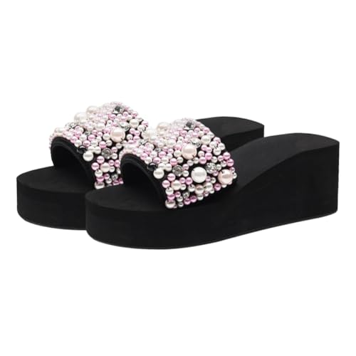 GALPADA Sommer Wedgeslipper Damen Keilabsatz Rutschfest Strand Hausschuhe Modisch Simulierte Perlen Komfortable Sandalen von GALPADA