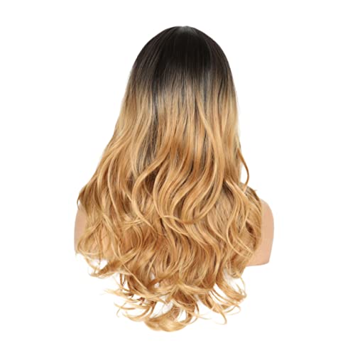 GALPADA Stylische Damen Perücke mit Mittigem Scheitel Lange Wellige Locken Realistische Farbverlauf Optik Schwarz zu Gold Atmungsaktiv Hautfreundlich Modisches Haar Accessoire für Frauen von GALPADA