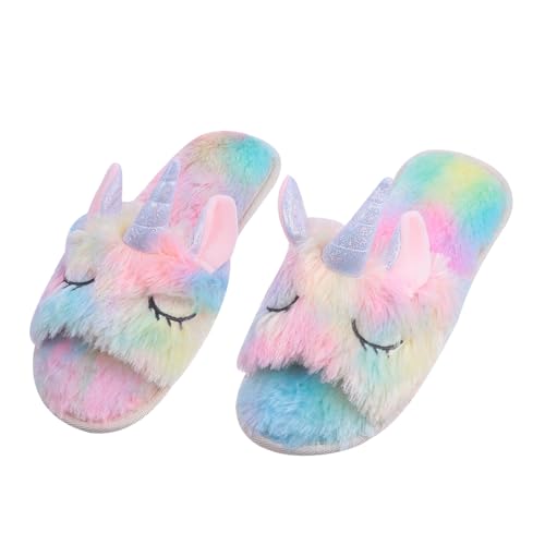 GALPADA Unicorn Winter Slippers Damen Plüsch Hausschuhe mit Offener Zehe Rutschfest Warm Gemütlich für Herbst und Winter Zuhause von GALPADA