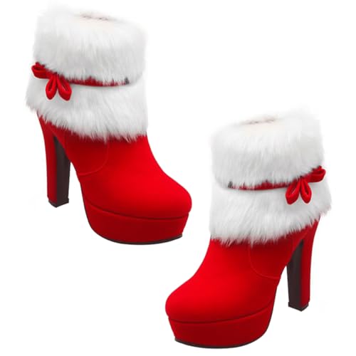 GALPADA Weihnachtsschuhe Kunstpelzstrümpfe Weihnachten Plateauschuhe Für Damen Absätze Für Frauen Bootie-reißverschluss Zum Schnüren Damen High Heels Fräulein Wildleder- Mode Stiefel von GALPADA