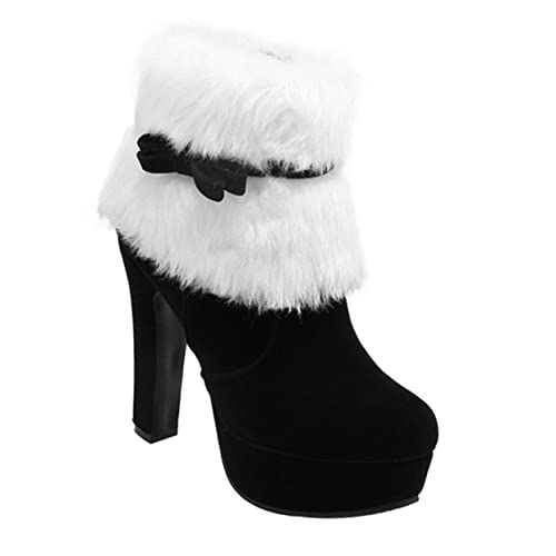 GALPADA Weihnachtsschuhe Plattform Kurze Booties Plateau-heels Kunstpelzstrümpfe Weihnachten Ministiefel Mit Gemütlichen Zehen Stiefeletten Schuhe Spitz Winter Wildleder- Fräulein Kleid von GALPADA