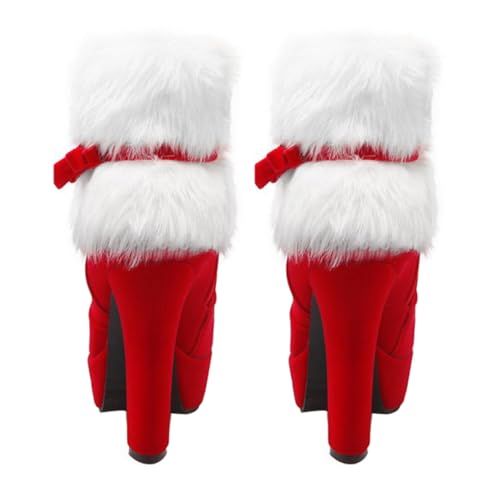 GALPADA Weihnachtsschuhe Rote Weihnachtsabsätze Flauschige Stiefeletten Mit Hohem Absatz Damen High Heels Stiefel Winterabsätze Für Damen Weihnachtssocken Wildleder- Kalb Fräulein von GALPADA
