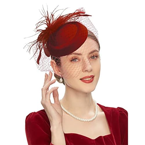 Fascinator-Hüte Brautschleier Haarschmuck Hochzeit Hüte Kopfschmuck Feder Gesichtsmaske Mesh Schleier Kopfschmuck Daimyo Mesh Haarspangen Haarbänder (Color : Burgundy, Size : One Size) von GALSOR