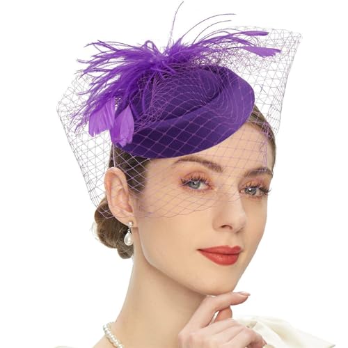 Fascinator-Hüte Brautschleier Haarschmuck Hochzeit Hüte Kopfschmuck Feder Gesichtsmaske Mesh Schleier Kopfschmuck Daimyo Mesh Haarspangen Haarbänder (Color : Purple, Size : One Size) von GALSOR