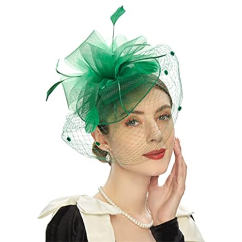 Fascinator-Hüte Literarischer Braut-Kopfschmuck, Haarschmuck, Schleier-Haarspangen, Jockey-Mesh-Zeremonie-Hut, Haarbänder (Color : Grün, Size : One Size) von GALSOR