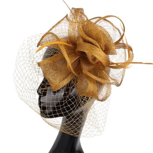 Fascinator-Hüte Vintage Celebrity Mesh Schleier Kopfschmuck Europäisches Hanfgarn Haarschmuck Jahrestreffen Kleid Feder Kopfschmuck (Color : Gold, Size : One Size) von GALSOR