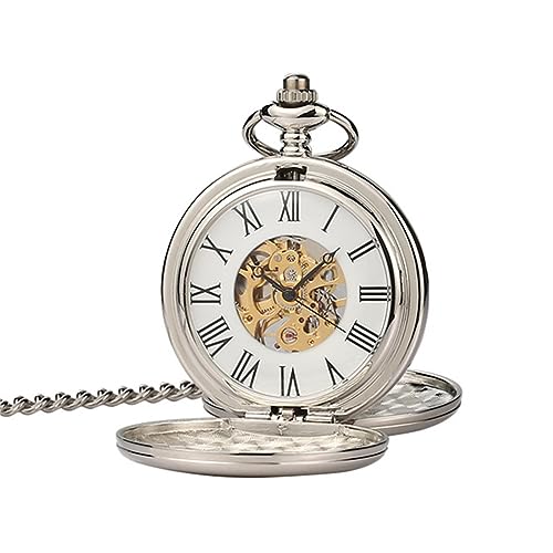 GALSOR Vintage Taschenuhr Doppelt offene, zweiseitige, helle mechanische Taschenuhr, Nicht automatisch, mechanische Vintage-Flip-Cover-Taschenuhr (Color : Silver, Size : One Size) von GALSOR