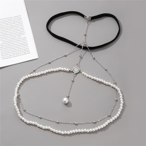 Oberschenkelketten-Schmuck für Karnevalspartys Einfache mehrschichtige Perlenkette Beinkette Damen personalisierter langer Körperkettenschmuck (Color : Silver, Size : 39cm) von GALSOR