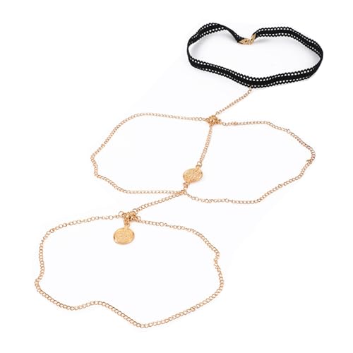 Oberschenkelketten-Schmuck für Karnevalspartys Strand-Beinkette for Damen, übertrieben, personalisierbar, Spitze, Stretch-Seil, goldfarben, doppellagige Beinkette (Color : Gold, Size : 37cm) von GALSOR