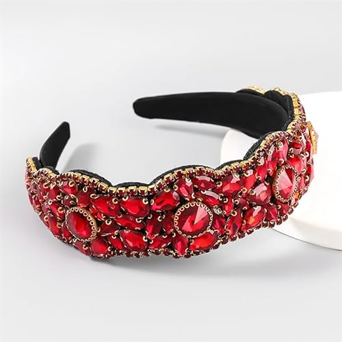 Rutschfester Haarreifen Barockes Strass-Haarband mit breitem Rand, trendiges Party-Haar-Accessoire mit vollem Diamanten (Color : Red, Size : One Size) von GALSOR