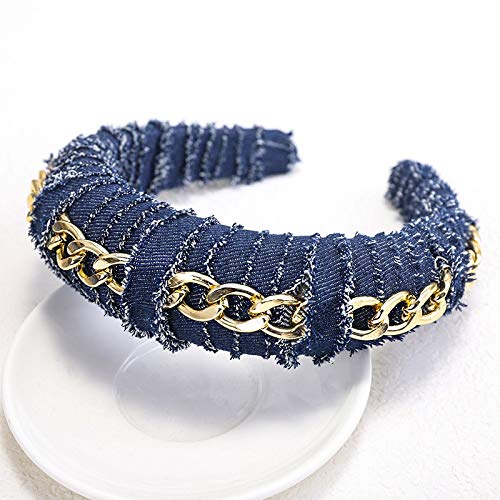 Rutschfester Haarreifen Haarband aus Denim-Stoff mit Kette, Haarschmuck, verdickter Schwamm, Wickel-Stirnband, Kopfbedeckung (Color : Dark blue 2, Size : One Size) von GALSOR