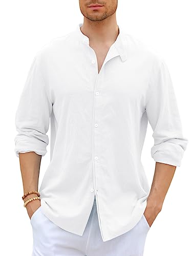 GAMISOTE Herren Freizeithemd Casual Baumwolle Hemd Button Down Langarm Shirt Regular Fit Sommerhemd (L, Weiß) von GAMISOTE
