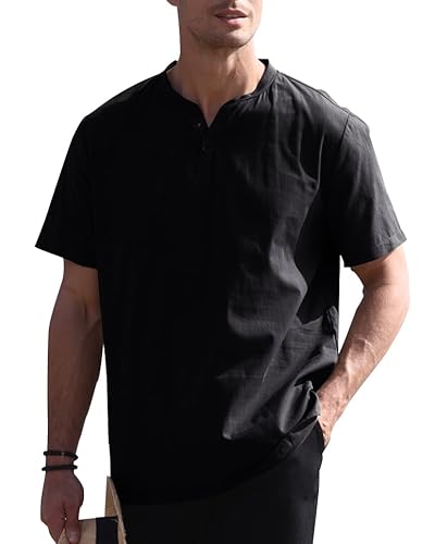 GAMISOTE Herren Freizeithemd Casual Baumwolle Hemd V-Ausschnitt Kurzarm Sommerhemd Tshirt (M, Schwarz) von GAMISOTE